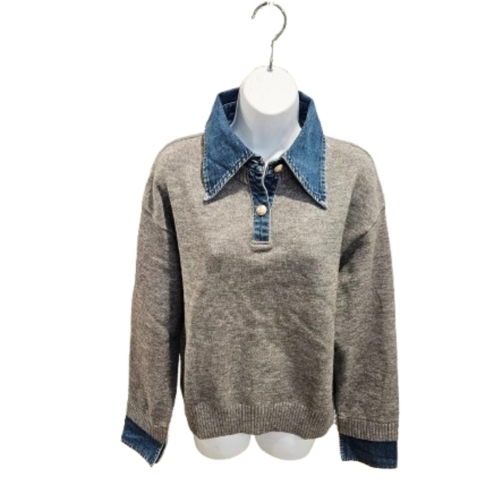 Commense Gray Sweater with Blue Denim Collar
